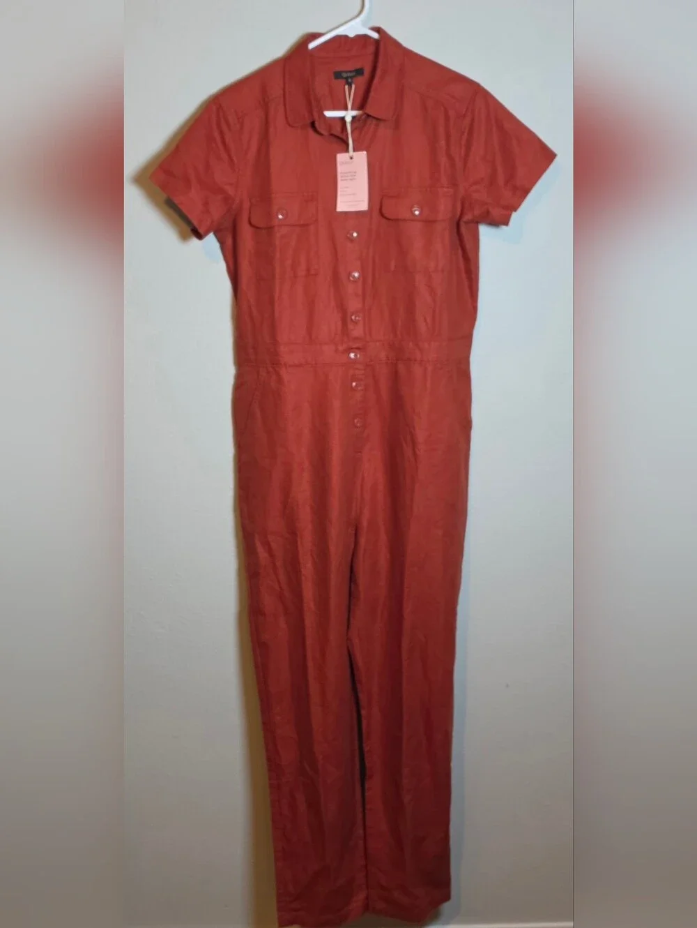 ​NWT Quince Cotton Linen Twill Coverall Jumpsuit Rust Red Utility Boiler Suit S